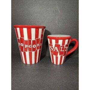 Movie Theater Style Popcorn Set- Salt Shaker & Bucket Bowl Red White Stripe